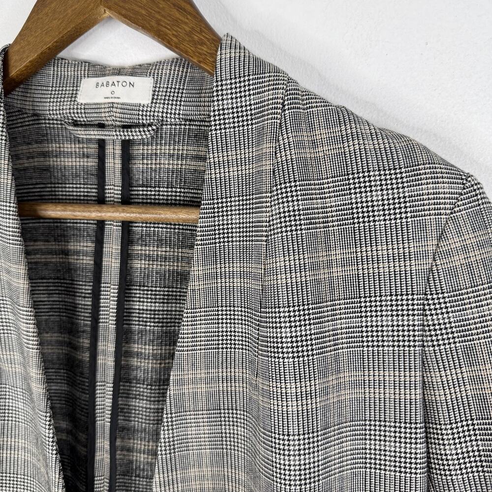 Babaton Blazer 0 Gray Plaid Twill Open Front 3/4 Sleeve Jacket Workwear Womens
